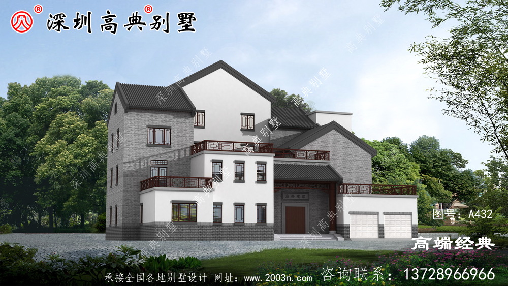 高级三层豪华别墅的照片，在家乡实现了美丽的风景线。